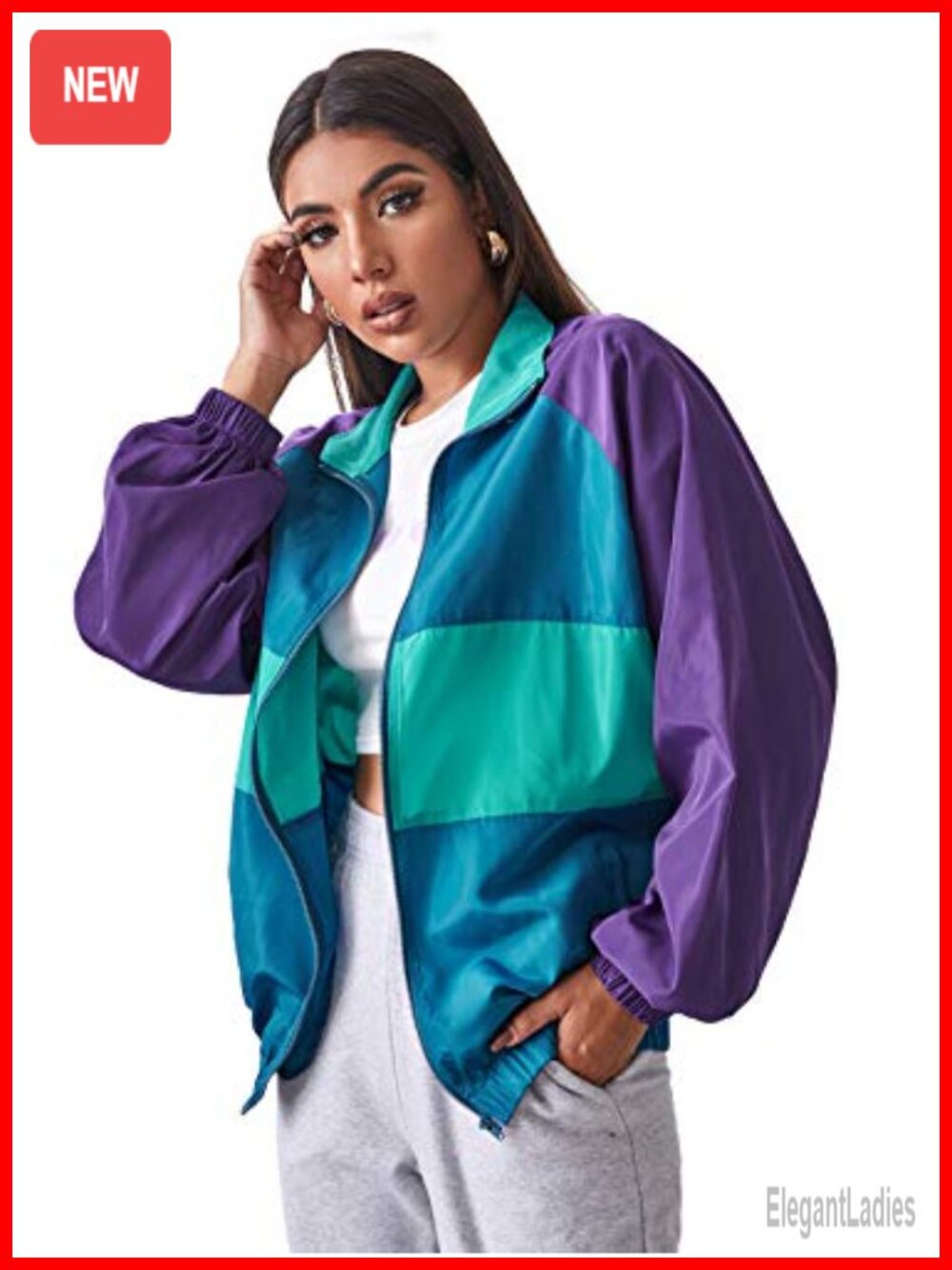 SweatyRocks Windbreaker Patchwork Zip Sport Jacket Outerwear